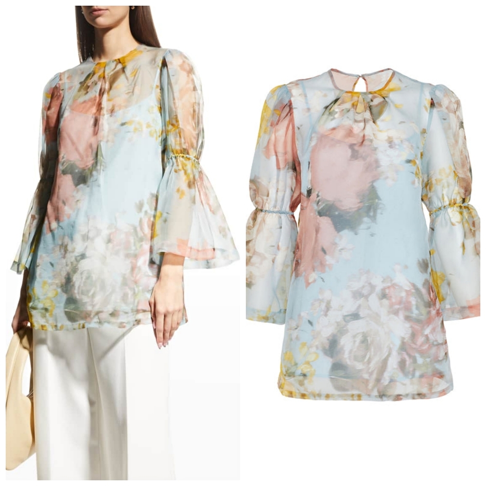 Lela Rose FLORAL ORGANZA PUFF SLEEVE TOP